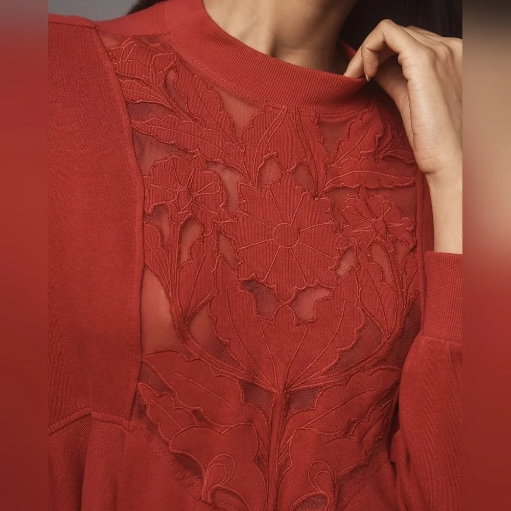 By Anthropologie Cutwork Embroidered Lace Floral Sheer Swing Top in Wine, XS